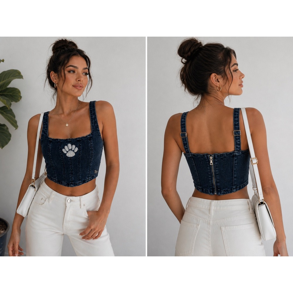 Hype & Vice Corset Top Denim Paw Print Embroidered Dark Wash Size S
